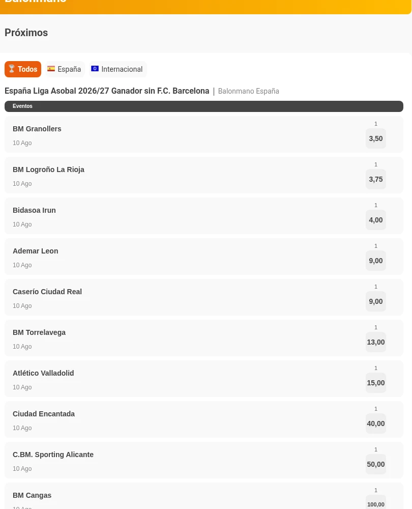 Mercado de ganador de la Liga Asobal 2026/27 sin FC Barcelona en Luckia