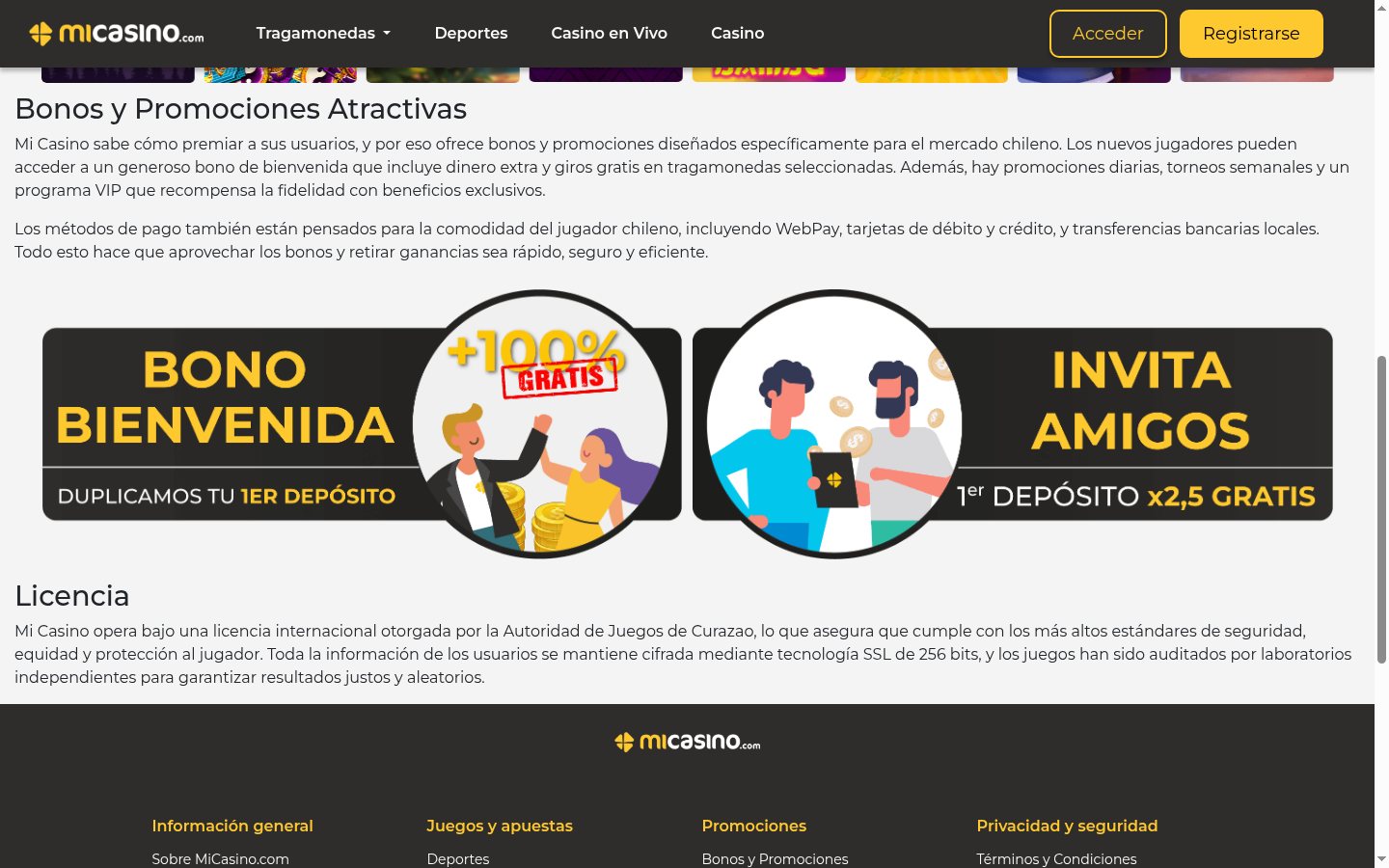 Bono de bienvenida y promociones de MiCasino Chile