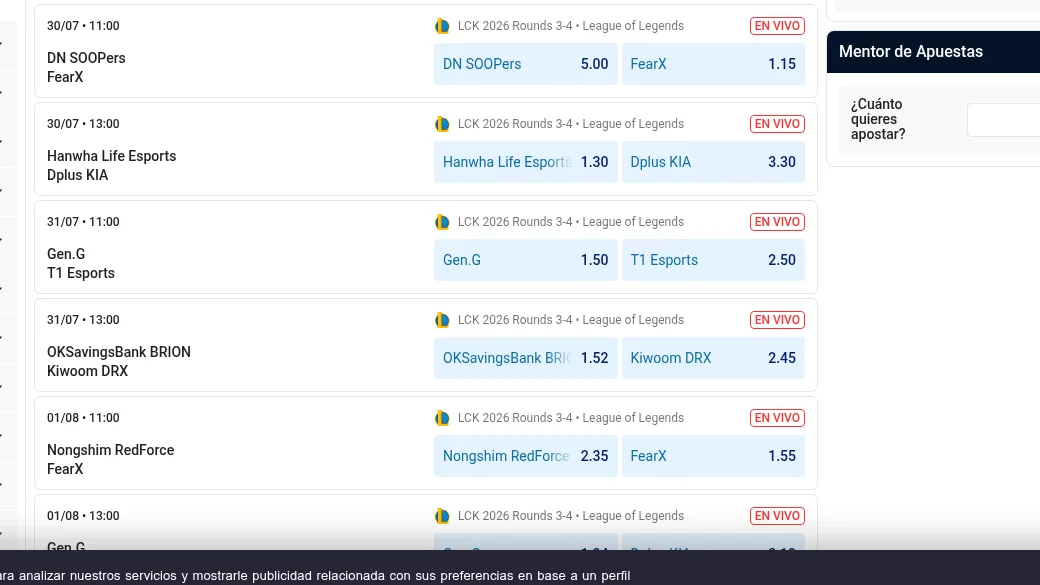 Cuotas en directo de la LCK en Pastón