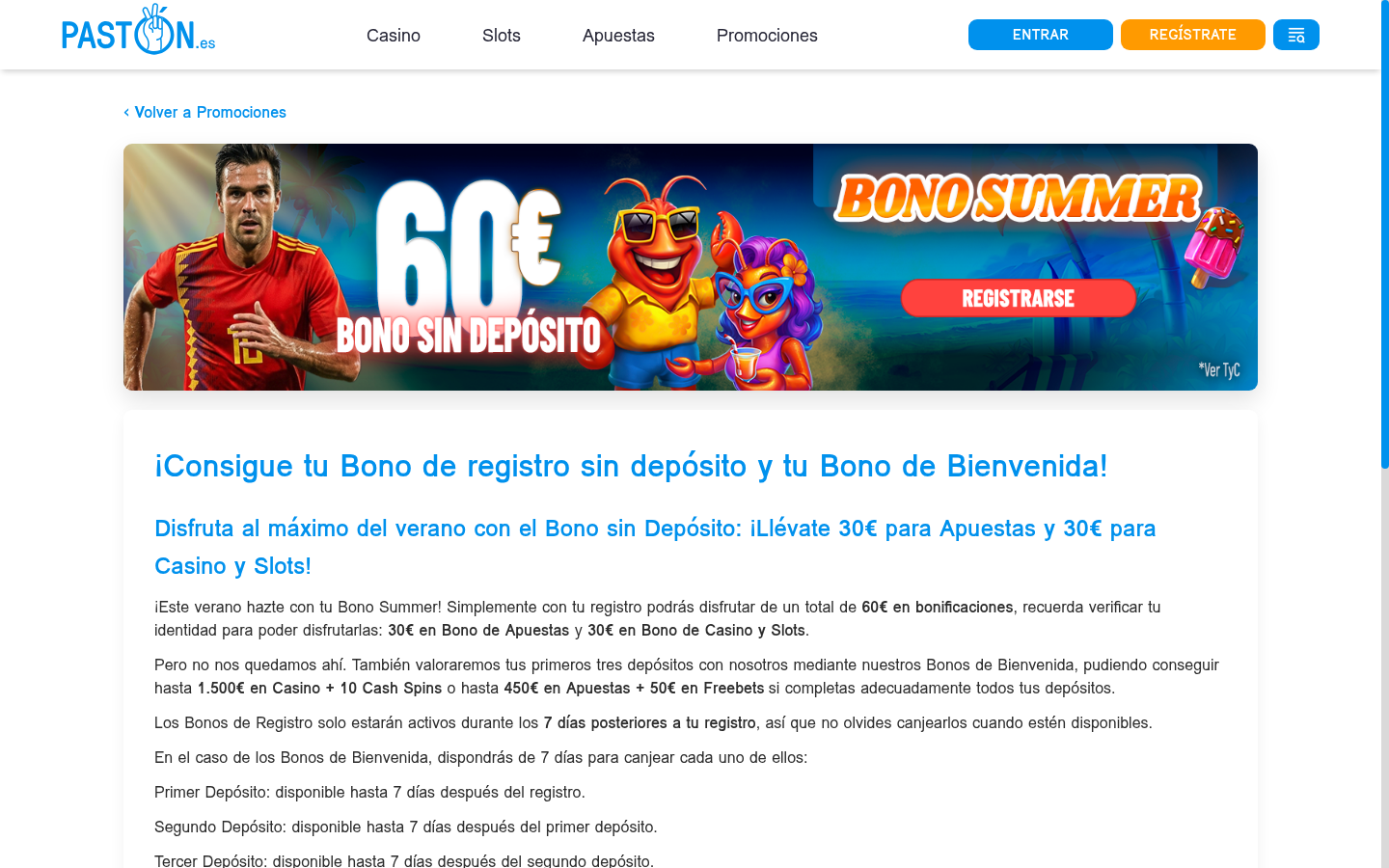 Pastón: 60€ de bono de registro sin depósito en la web oficial