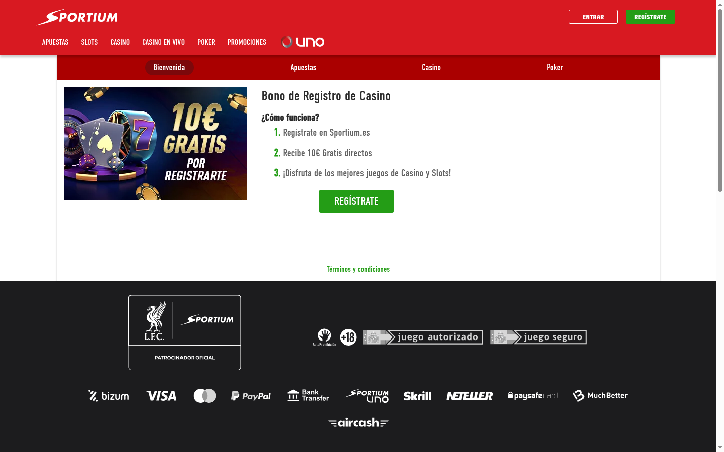 Sportium: 10€ de bono de registro de casino sin depósito en la web oficial
