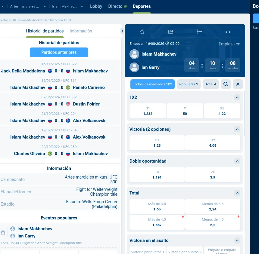 Mercados del combate Makhachev vs Machado Garry (UFC 330) en 1xBet