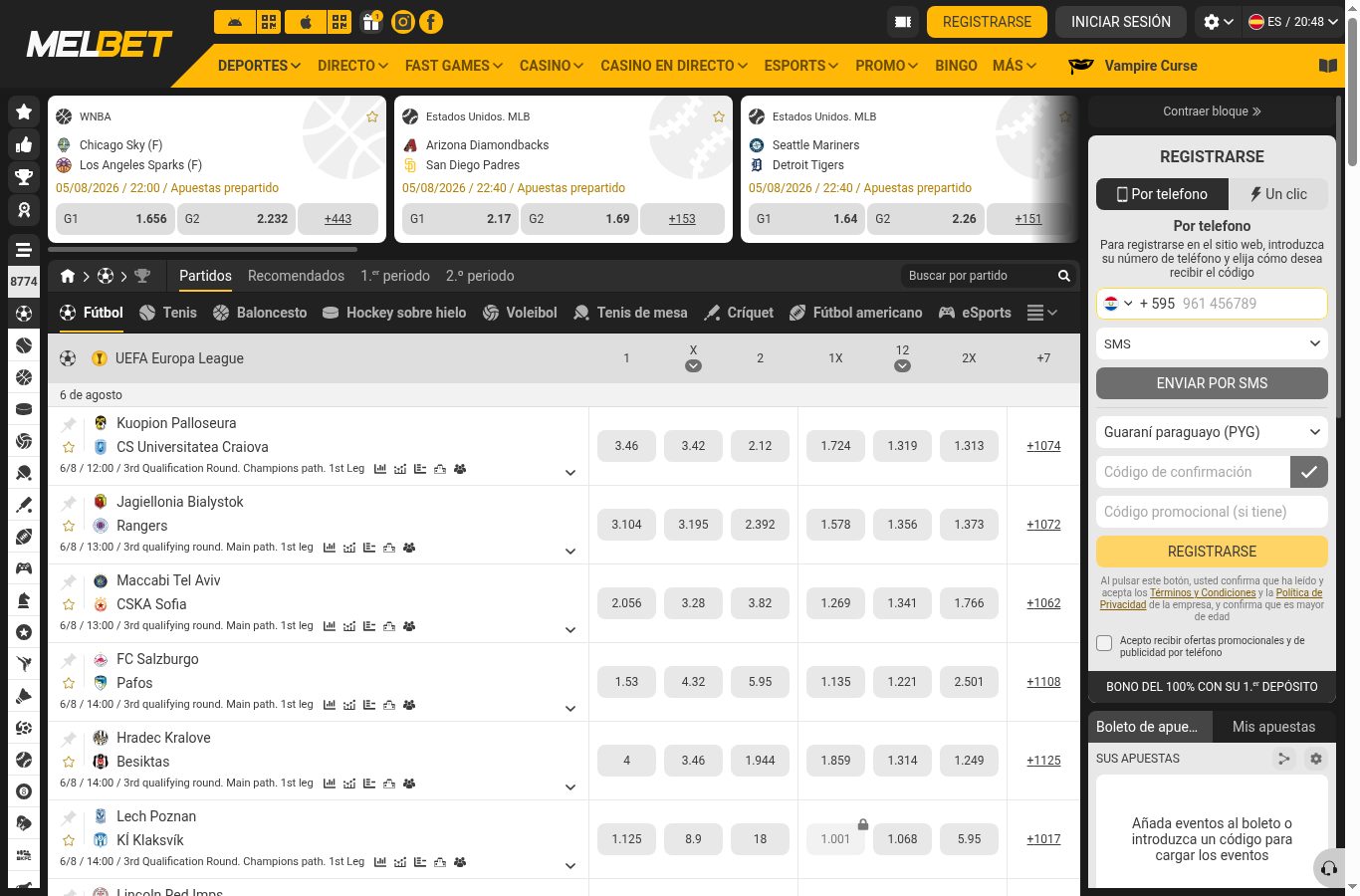 Sección de apuestas deportivas de MelBet con cuotas de fútbol, vista desde Paraguay