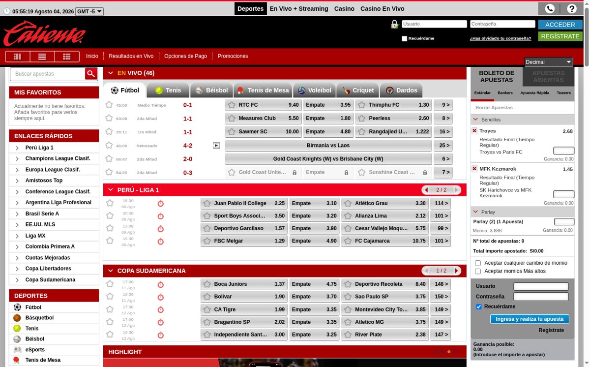Sportsbook de Caliente Perú con cuotas de Liga 1 y Copa Sudamericana