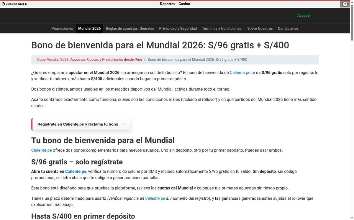 Bono de bienvenida de Caliente Perú: S/96 gratis y hasta S/400 en primer depósito
