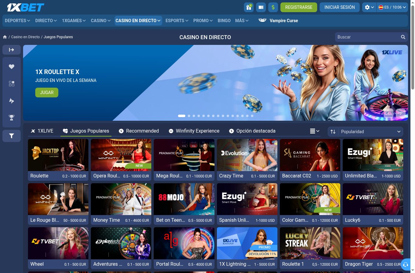 Sección de casino de 1xBet vista desde Ecuador (agosto 2026)