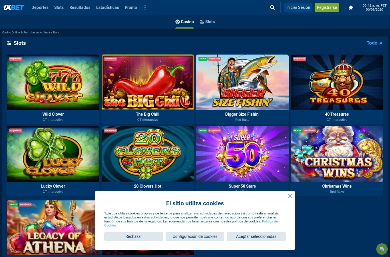 Sección de casino de 1xBet vista desde Perú (agosto 2026)
