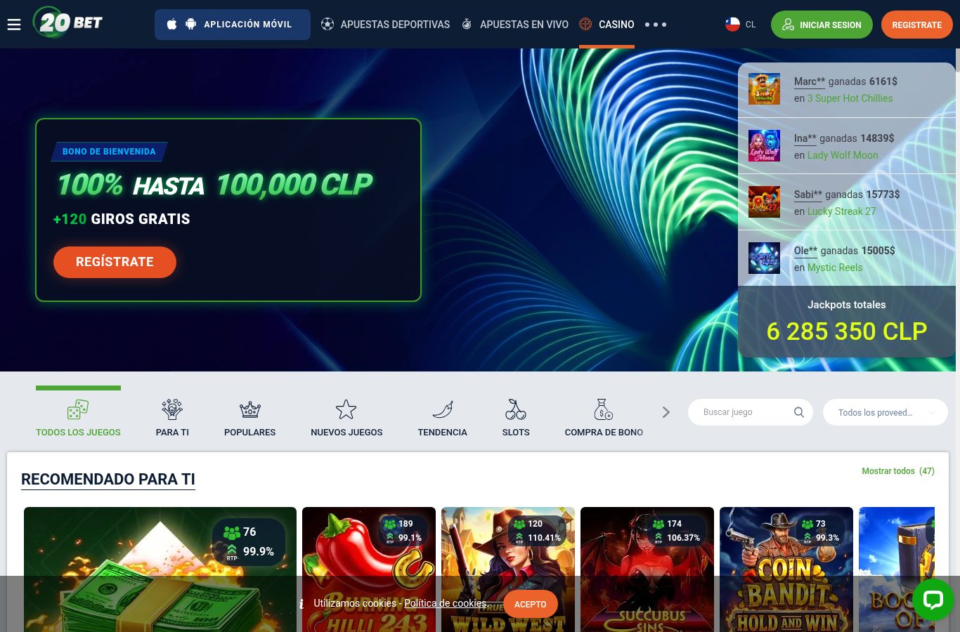 Sección de casino de 20Bet vista desde Chile (agosto 2026)