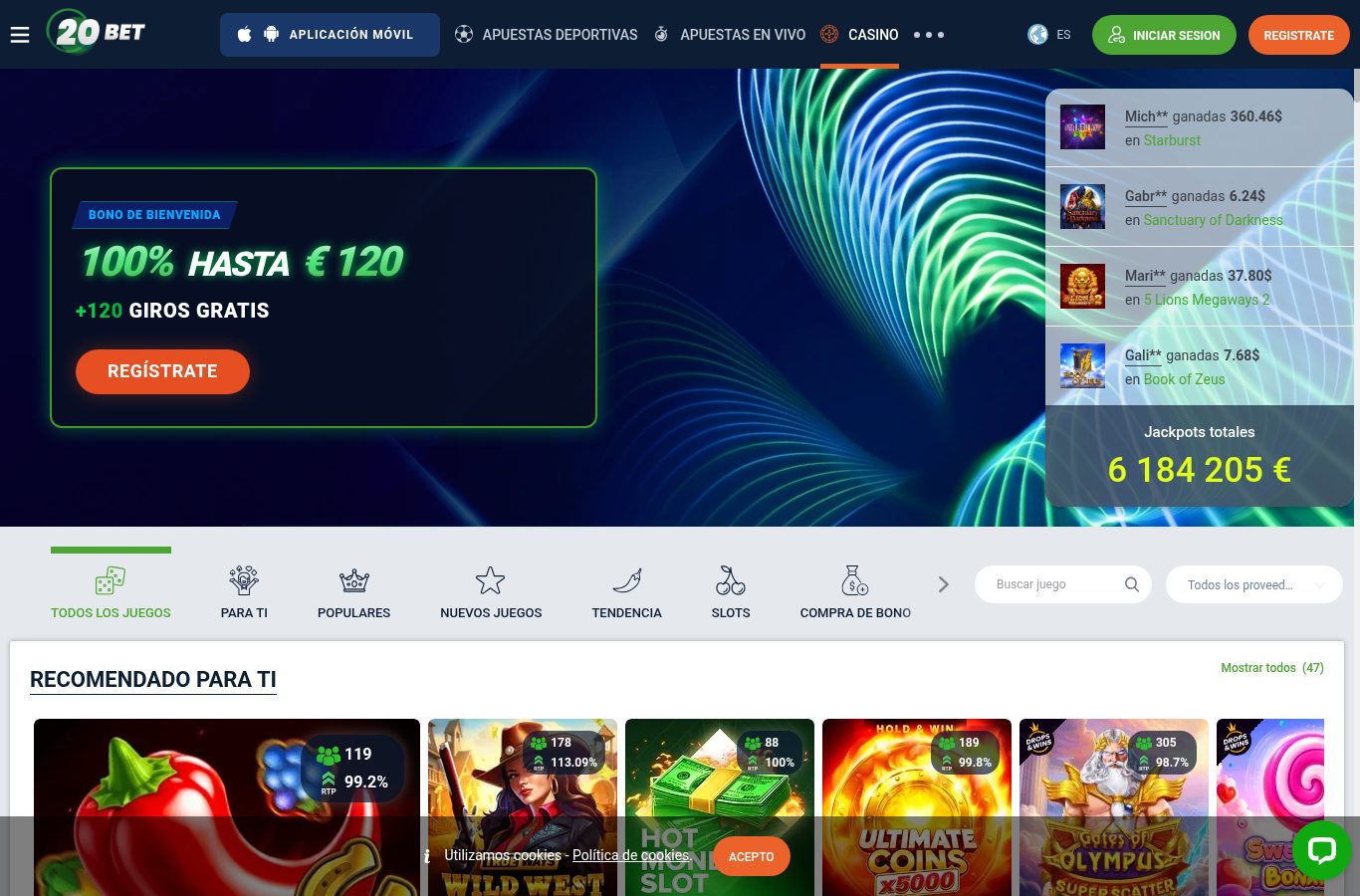 Sección de casino de 20bet vista desde Ecuador (agosto 2026)