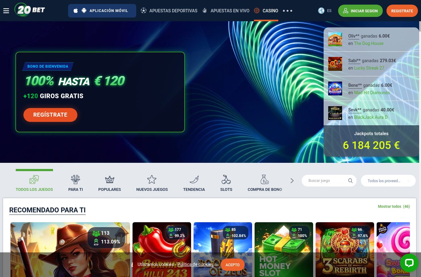 Sección de casino de 20Bet vista desde Panamá (agosto 2026)