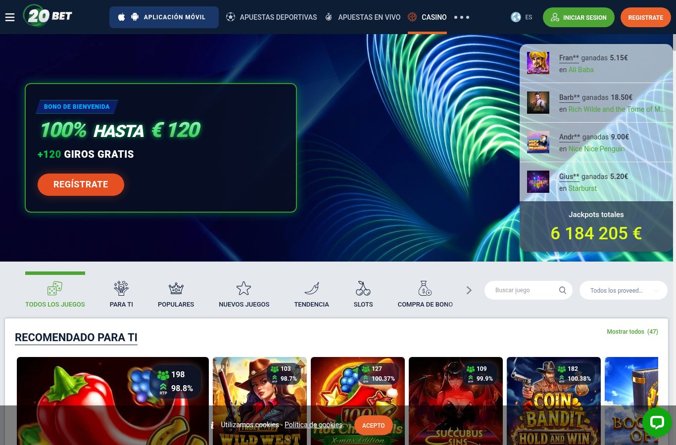 Sección de casino de 20Bet vista desde Paraguay (agosto 2026)