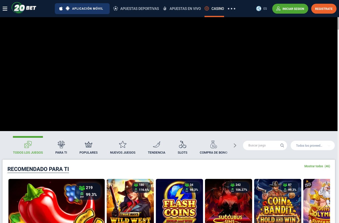 Sección de casino de 20Bet vista desde Venezuela (agosto 2026)