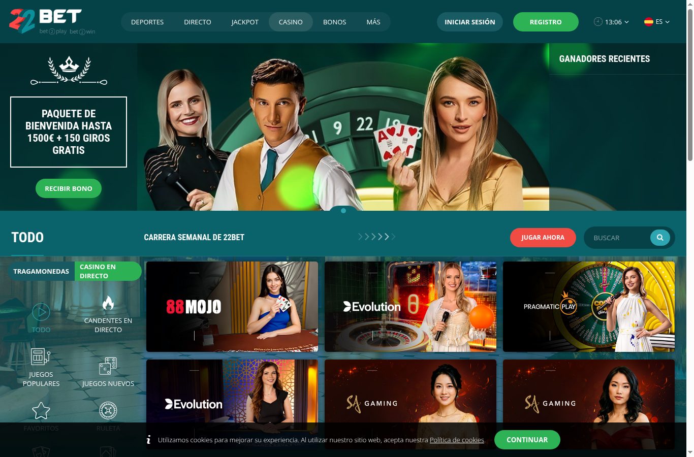 Sección de casino de 22Bet vista desde Panamá (agosto 2026)