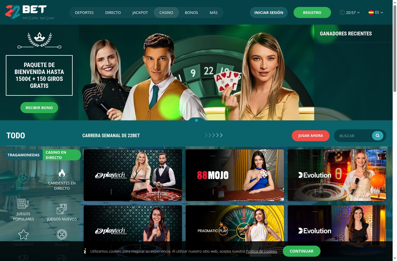 Sección de casino de 22Bet vista desde Paraguay (agosto 2026)