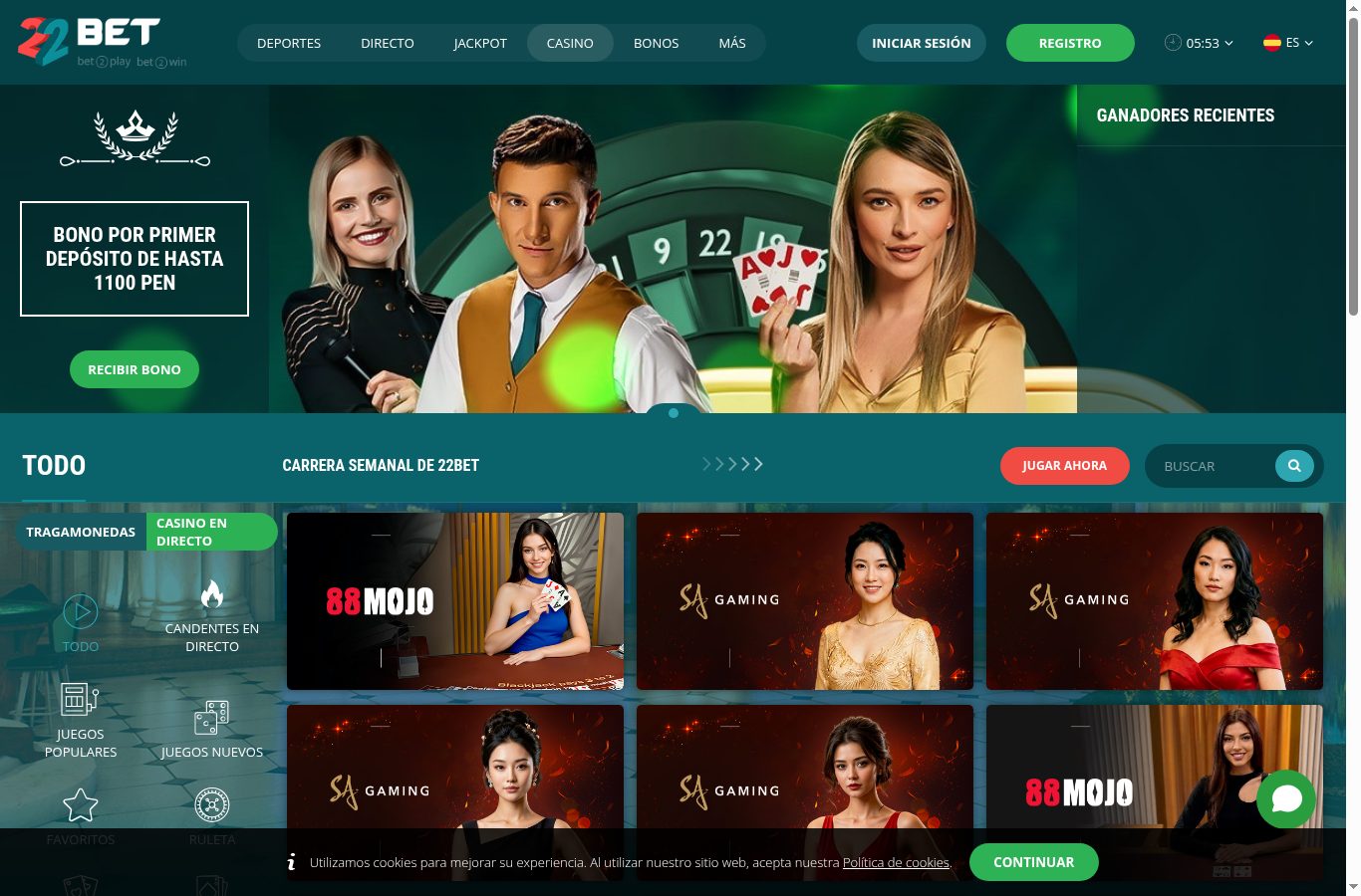 Sección de casino de 22Bet vista desde Perú (agosto 2026)