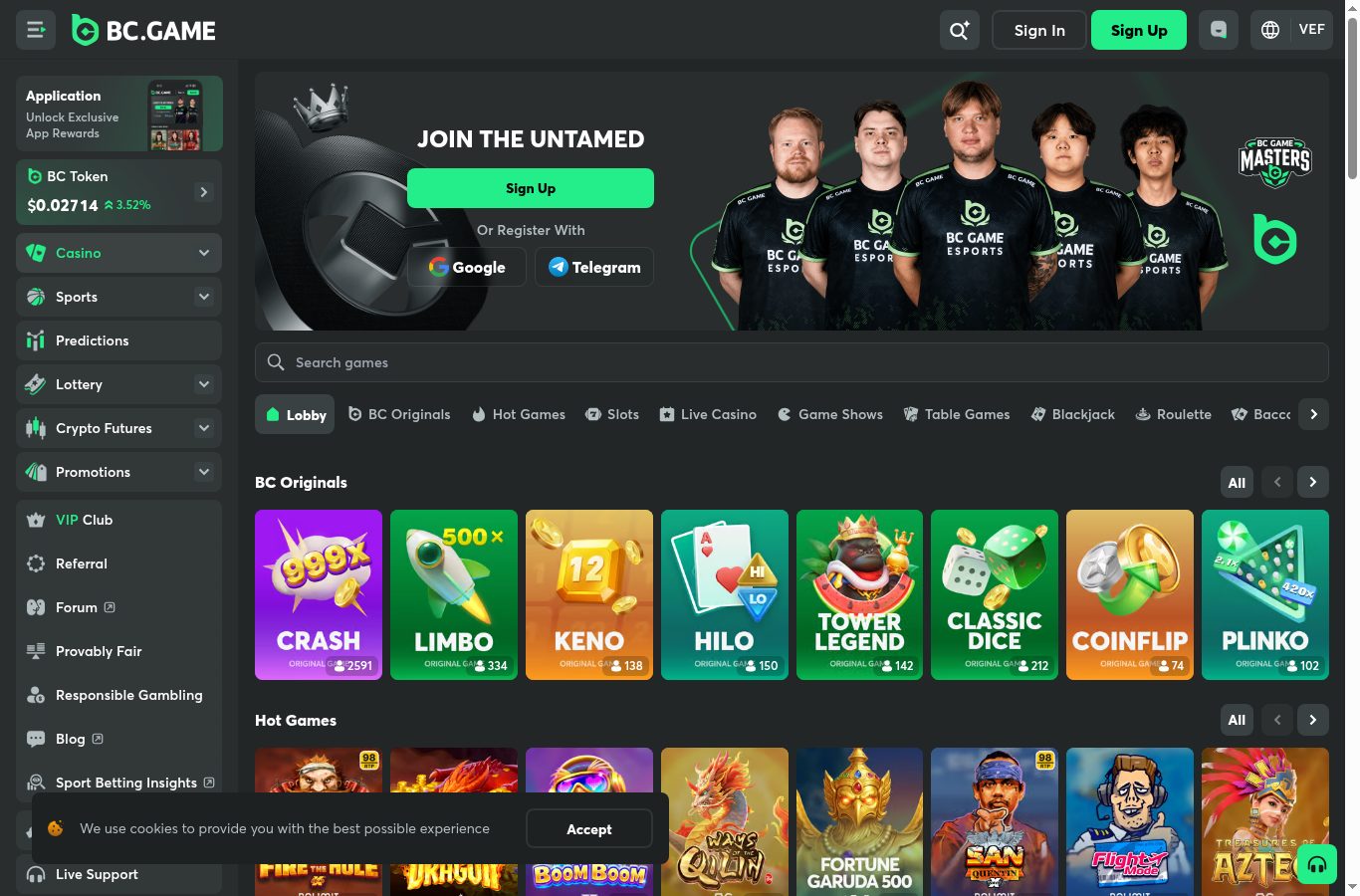 Sección de casino de BC Game vista desde Venezuela (agosto 2026)