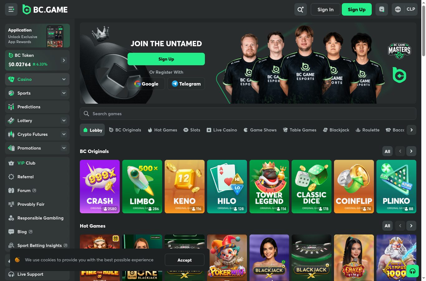 Sección de casino de BC.Game vista desde Chile (agosto 2026)