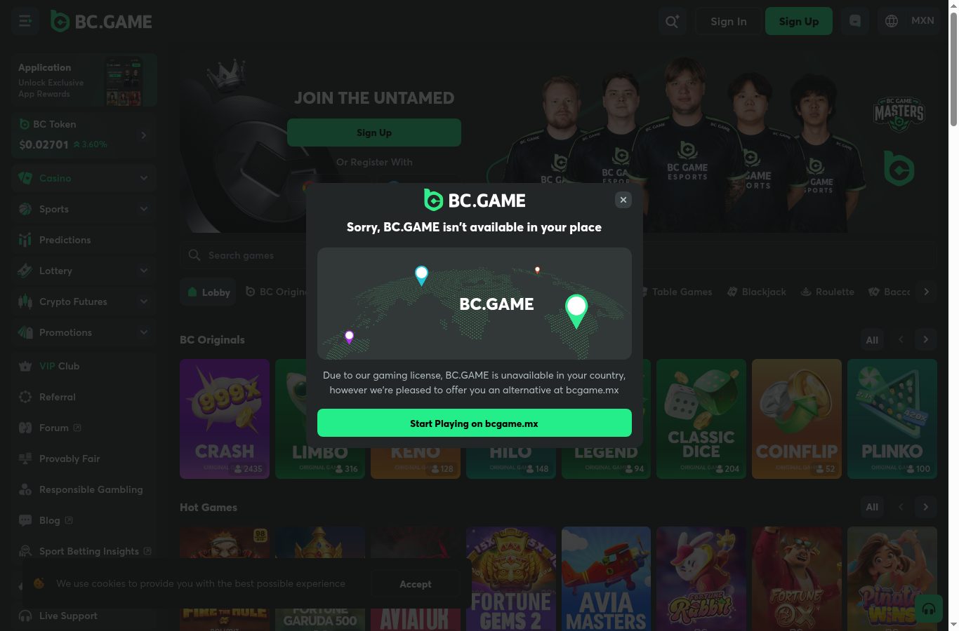 Sección de casino de BC.Game vista desde México (agosto 2026)