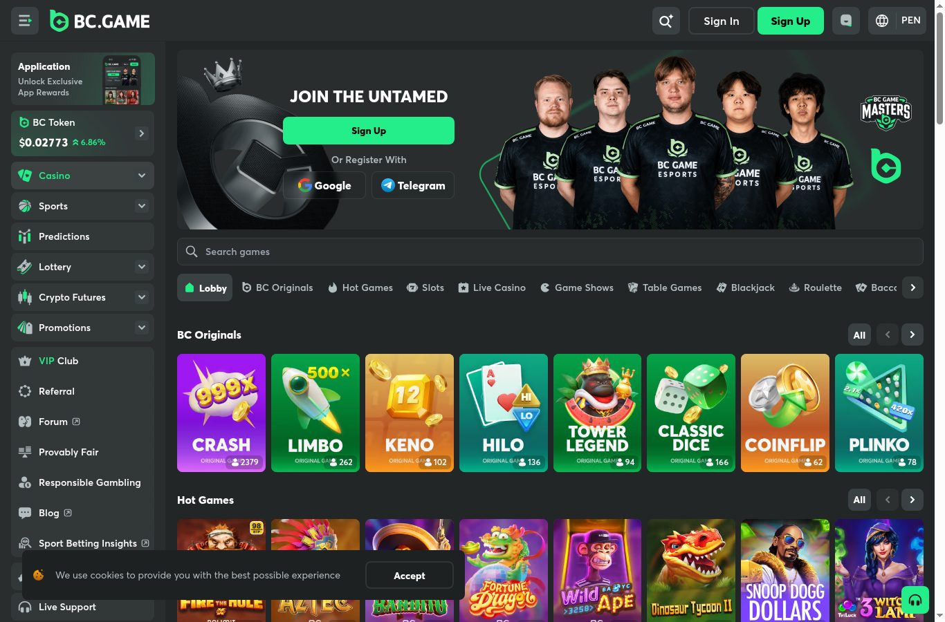 Sección de casino de BC.Game vista desde Perú (agosto 2026)