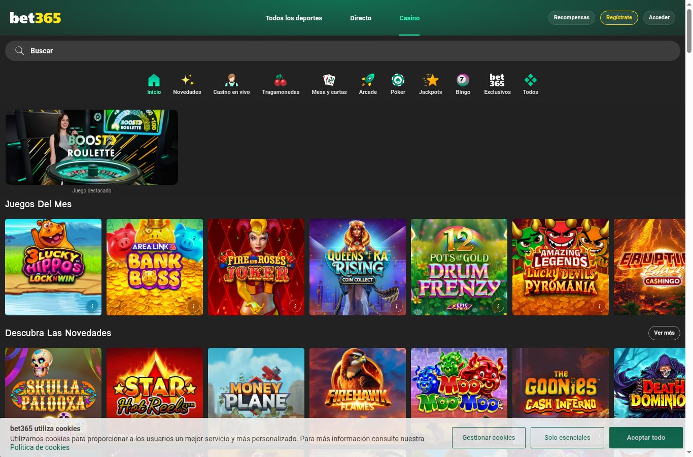 Sección de casino de Bet365 vista desde Ecuador (agosto 2026)