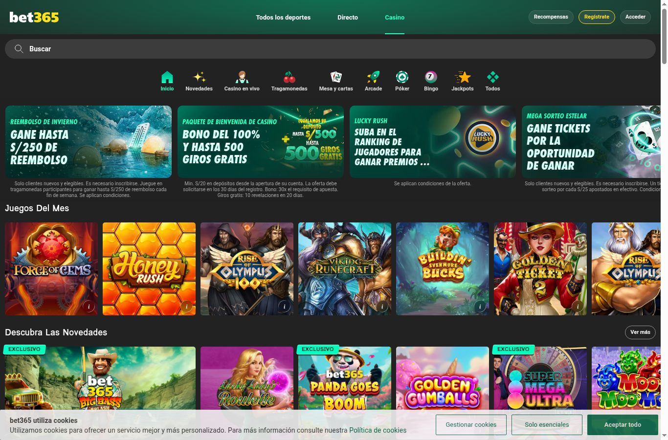 Sección de casino de bet365 vista desde Perú (agosto 2026)