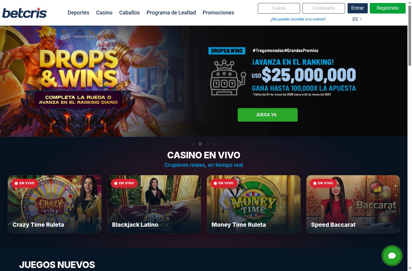 Sección de casino de Betcris vista desde Ecuador (agosto 2026)