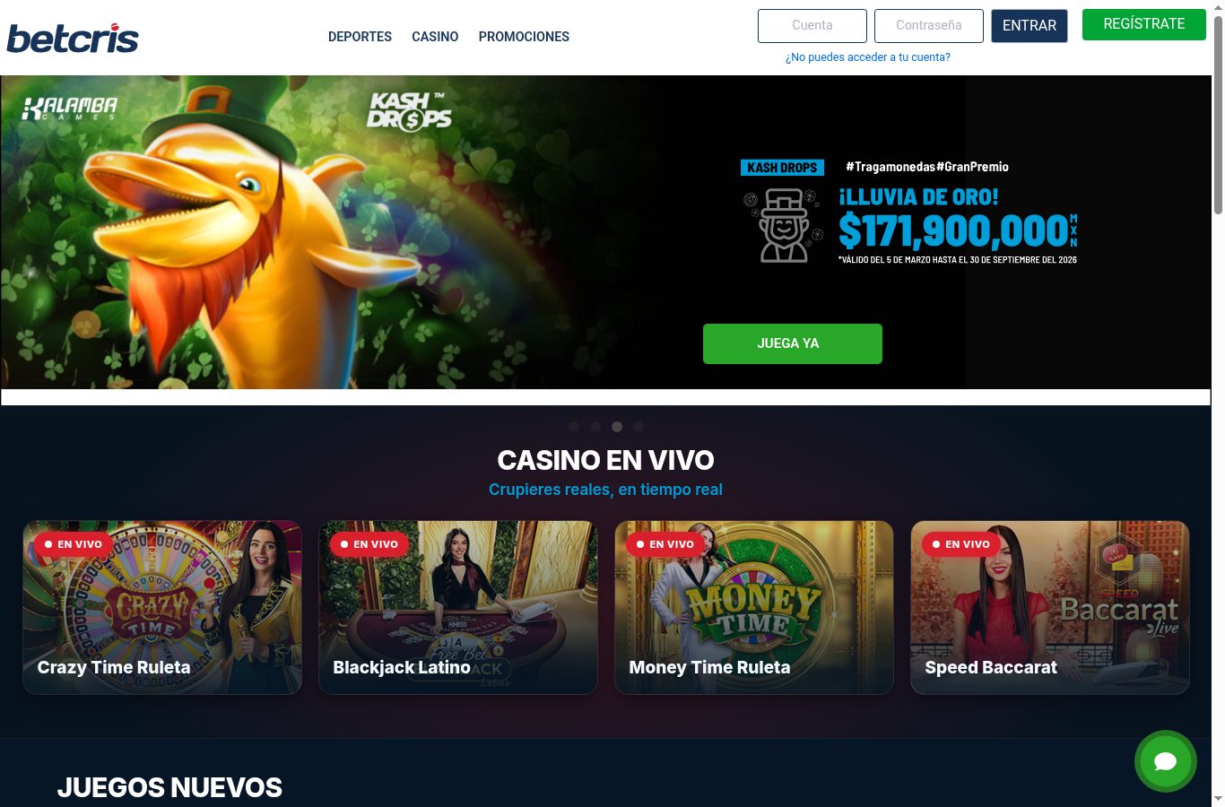 Sección de casino de Betcris vista desde México (agosto 2026)