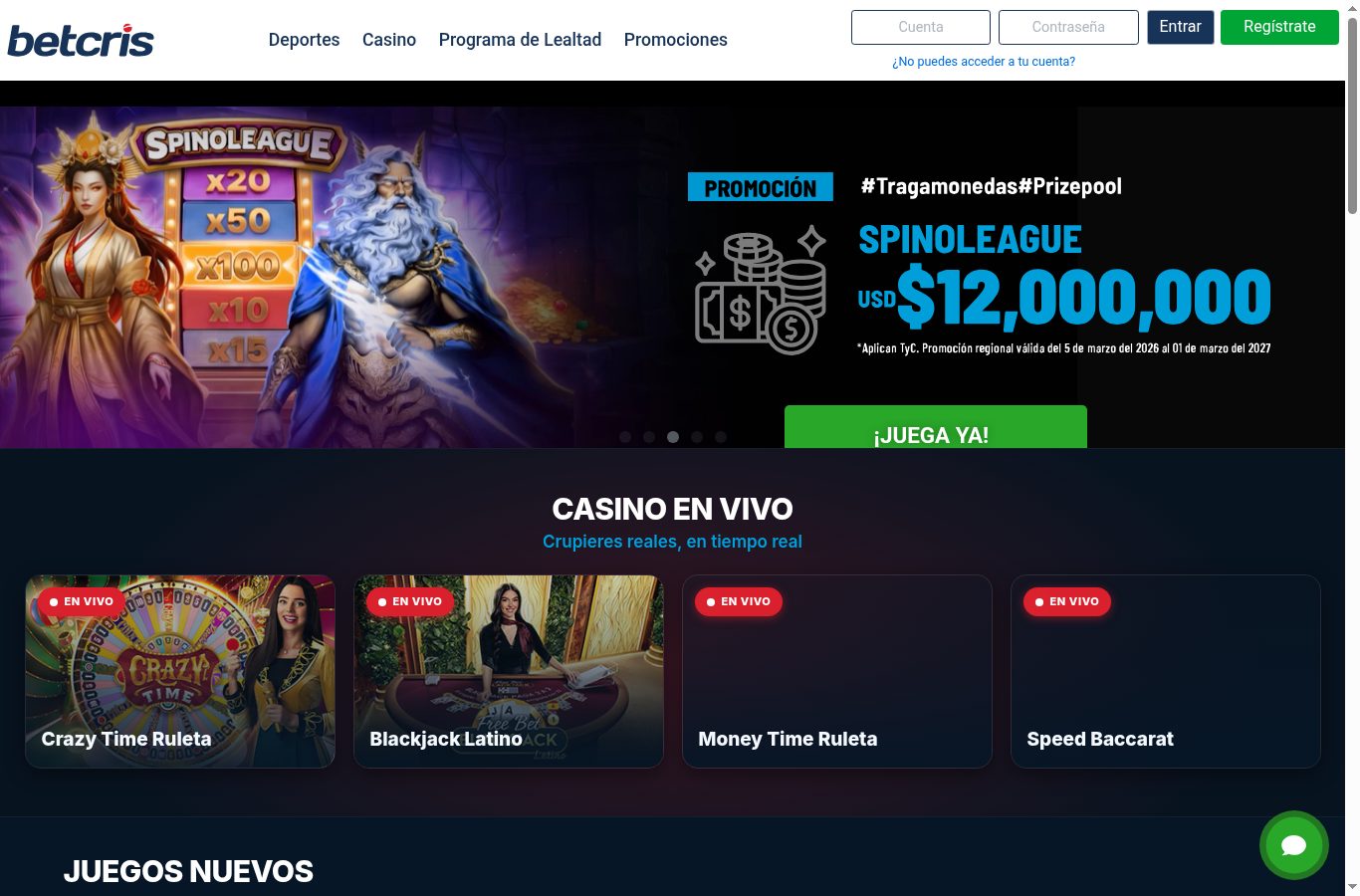 Sección de casino de Betcris vista desde Panamá (agosto 2026)