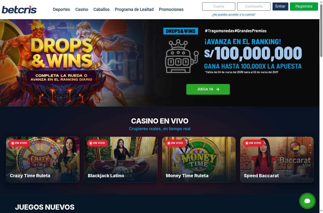 Sección de casino de Betcris vista desde Perú (agosto 2026)