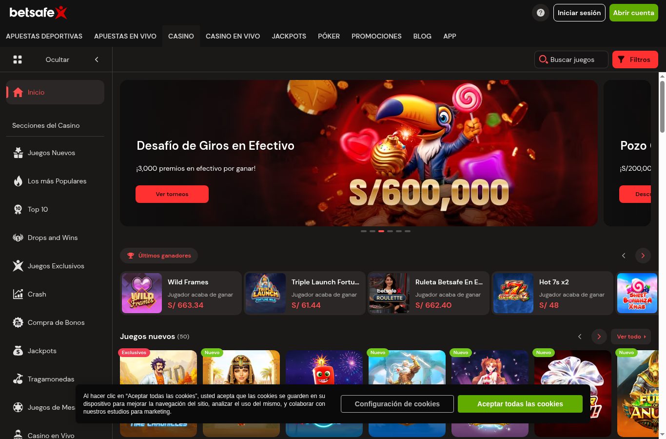 Sección de casino de Betsafe vista desde Perú (agosto 2026)