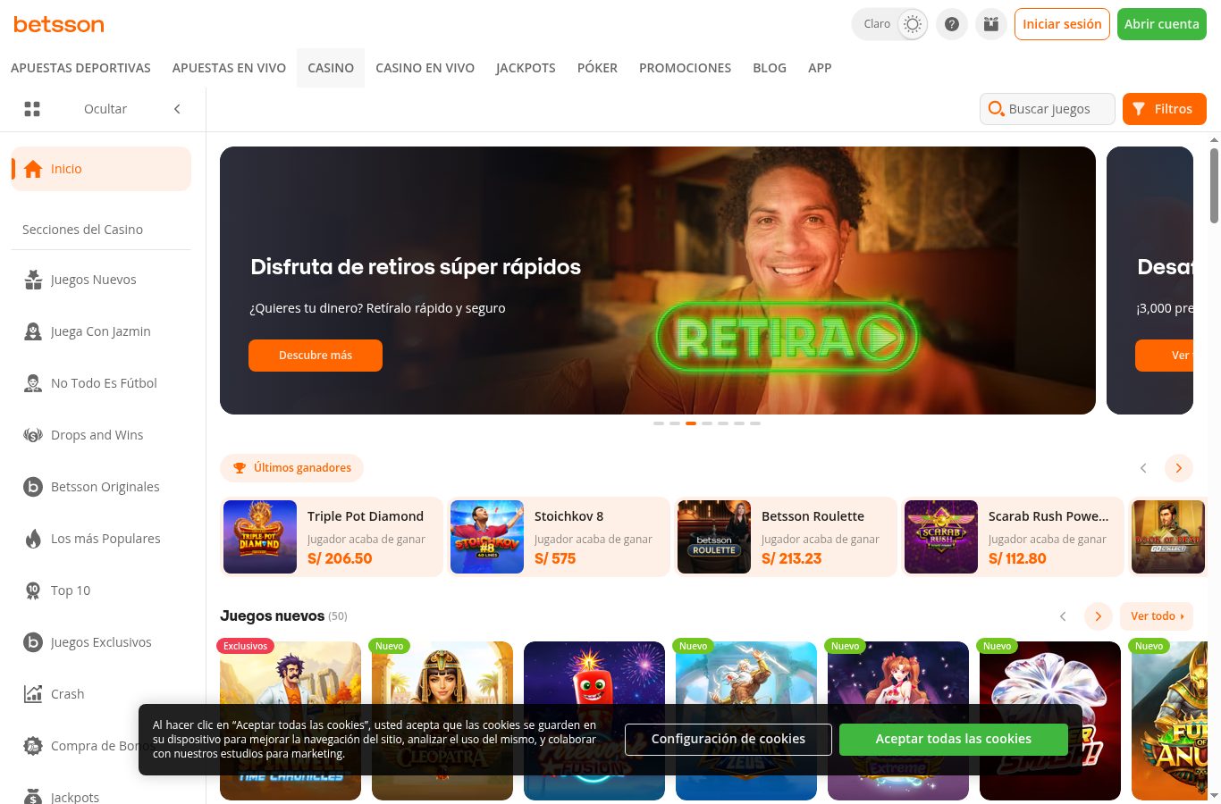 Sección de casino de Betsson vista desde Perú (agosto 2026)
