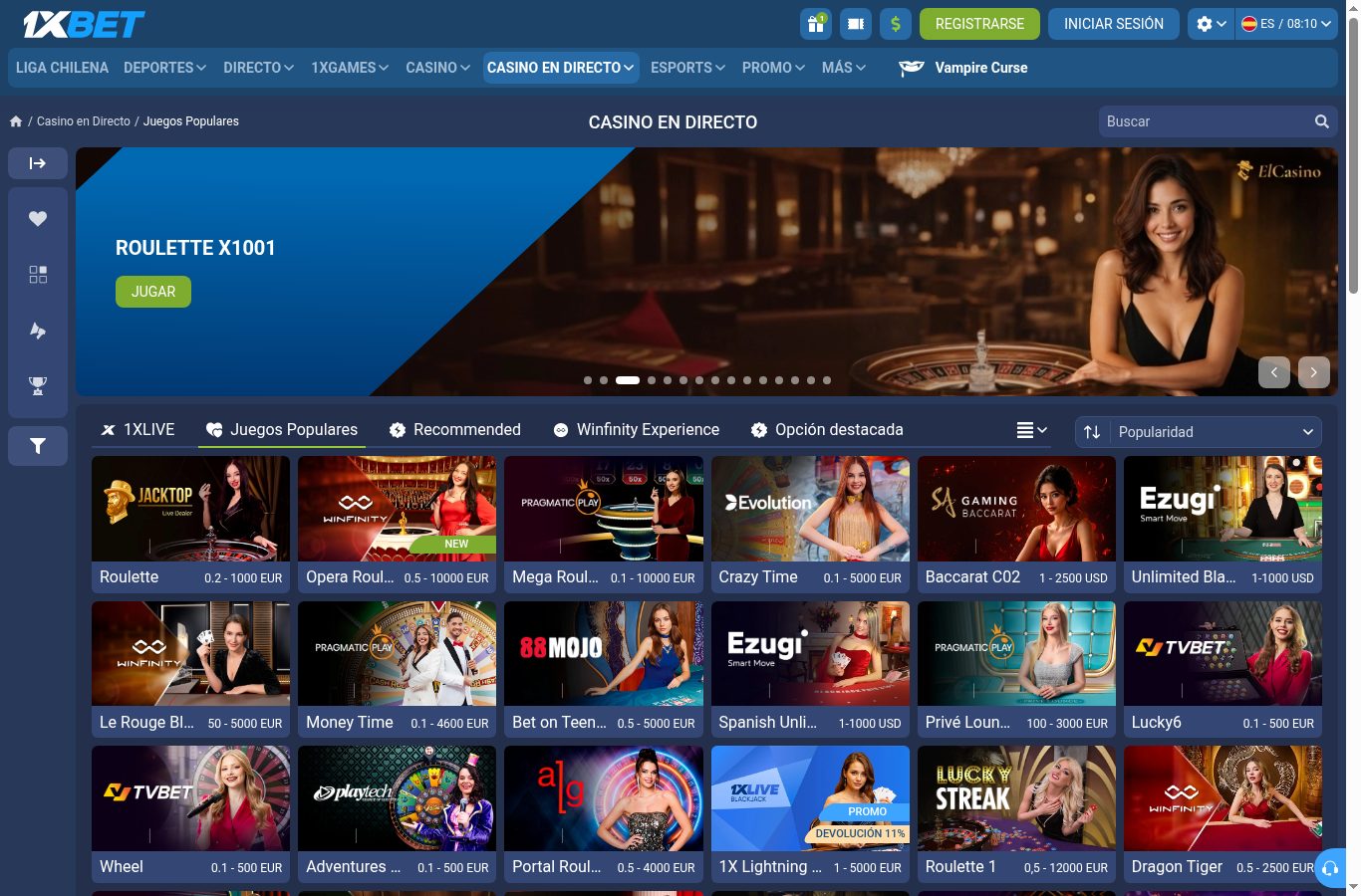 Casino en vivo de 1xBet visto desde Chile (agosto 2026)