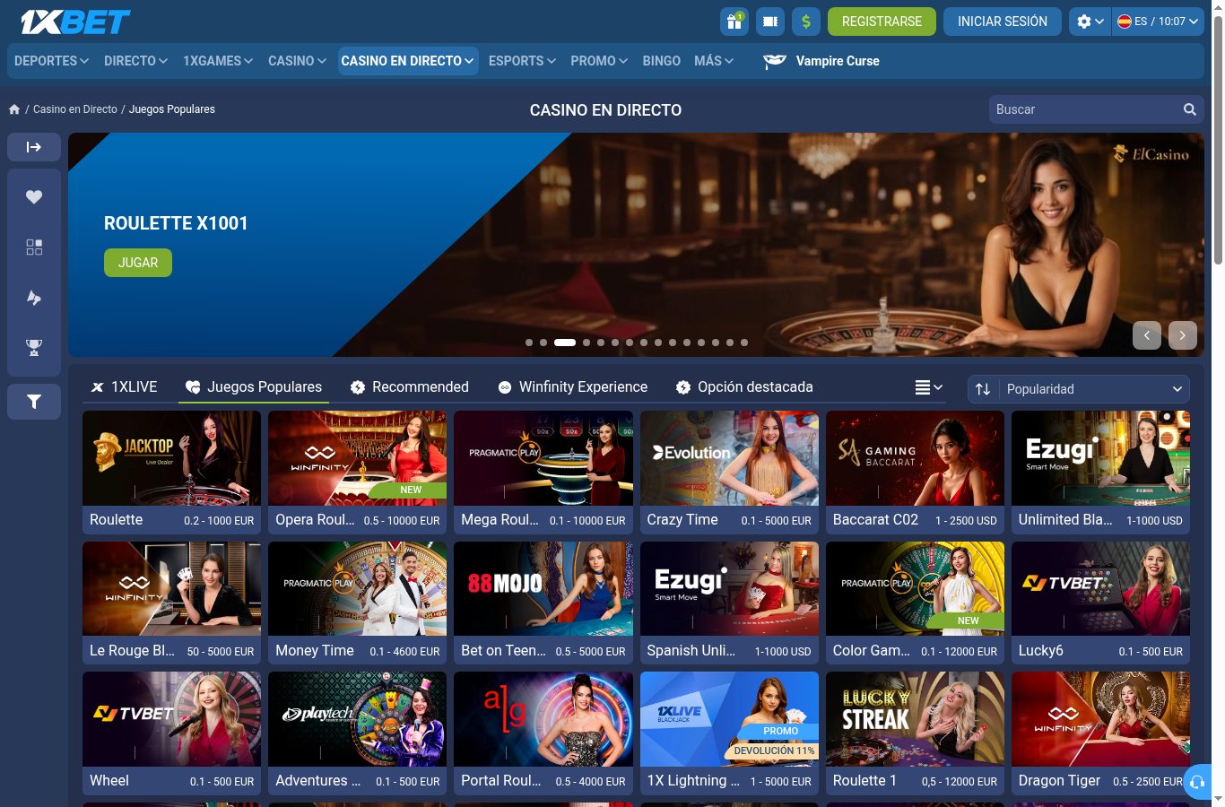 Casino en vivo de 1xBet visto desde Ecuador (agosto 2026)