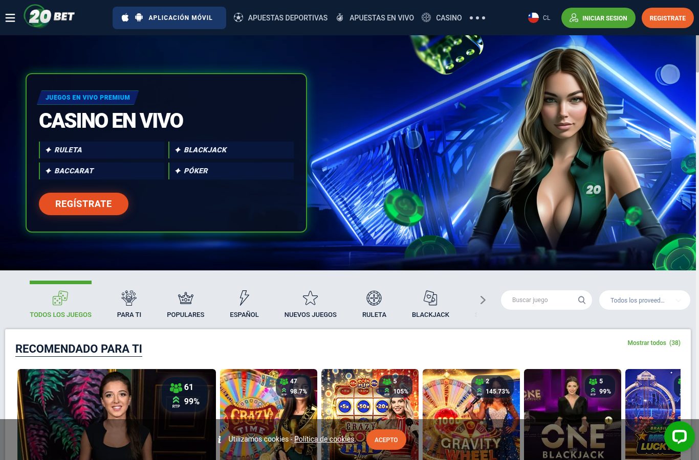Casino en vivo de 20Bet visto desde Chile (agosto 2026)