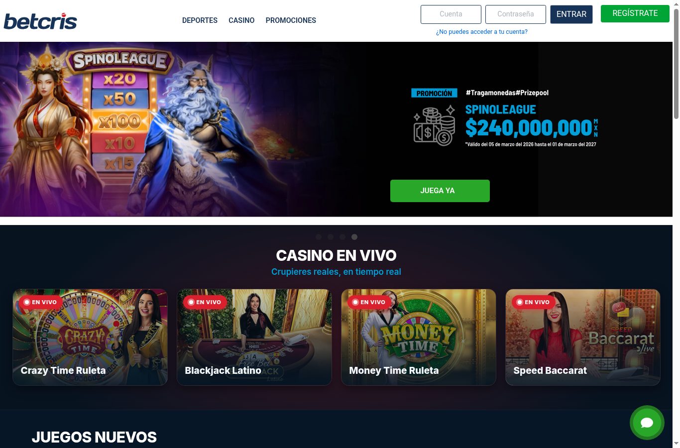 Casino en vivo de Betcris visto desde México (agosto 2026)