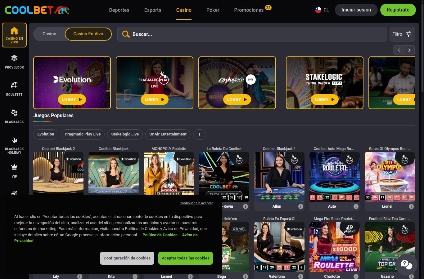 Casino en vivo de Coolbet visto desde Chile (agosto 2026)