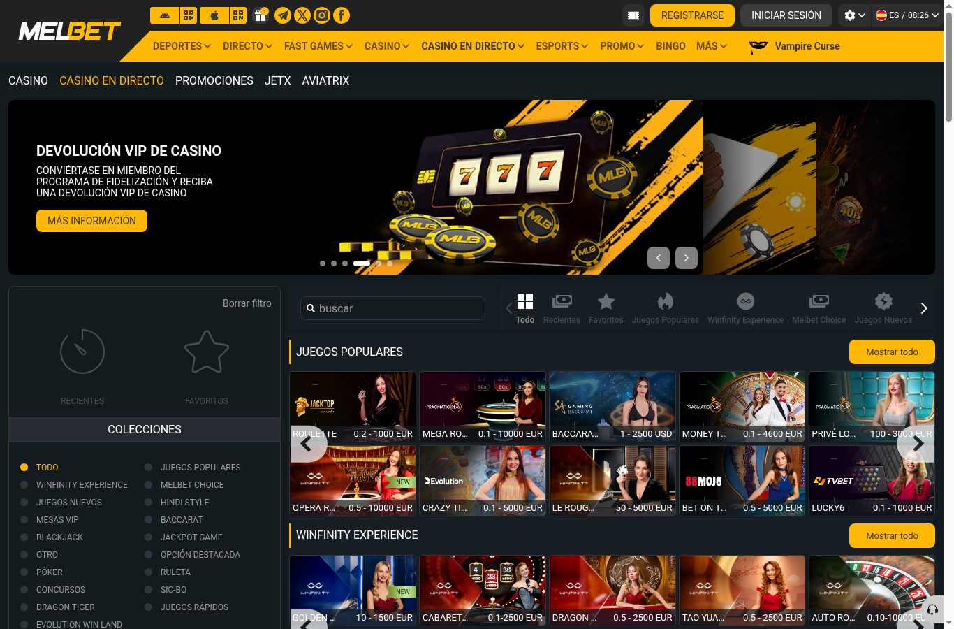 Casino en vivo de MelBet visto desde Chile (agosto 2026)