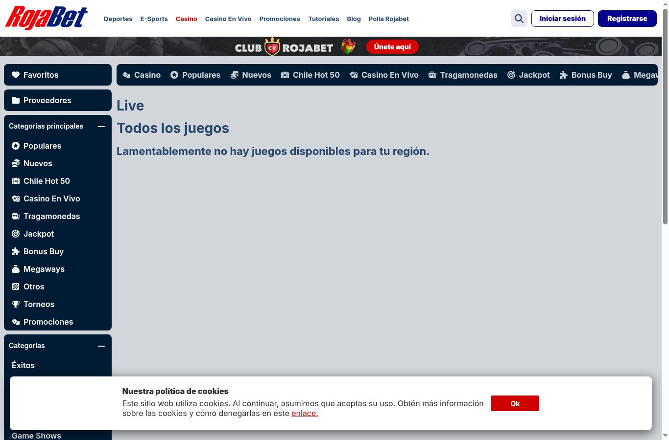 Casino en vivo de RojaBet visto desde Chile (agosto 2026)