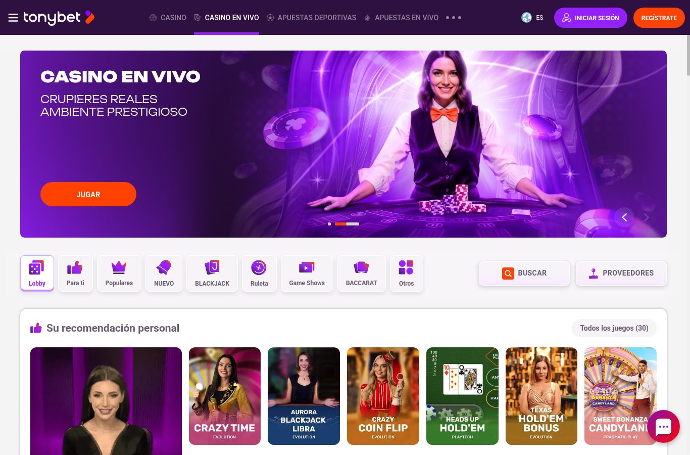 Casino en vivo de TonyBet visto desde Chile (agosto 2026)