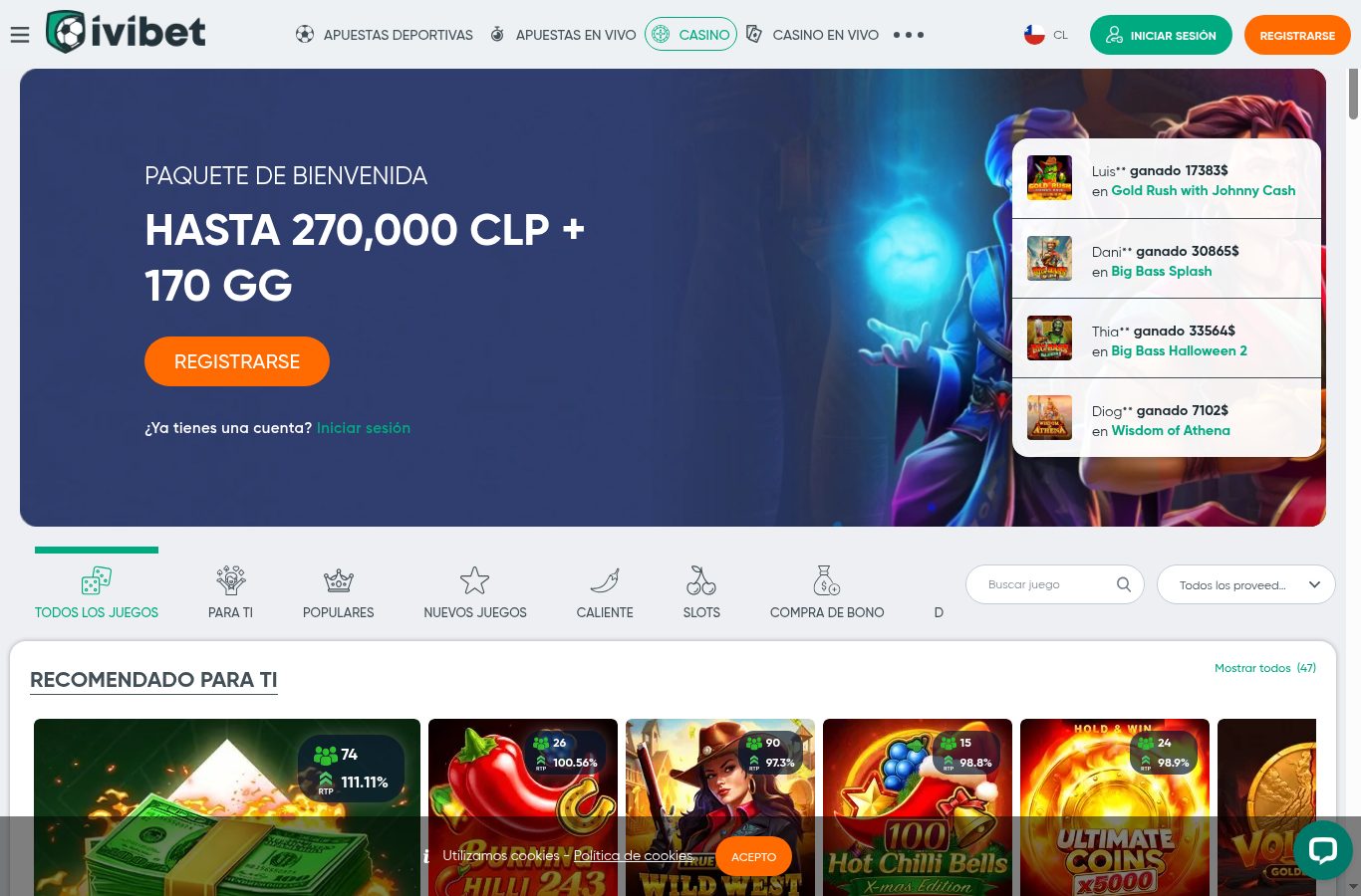 Sección de casino de Ivibet vista desde Chile (agosto 2026)
