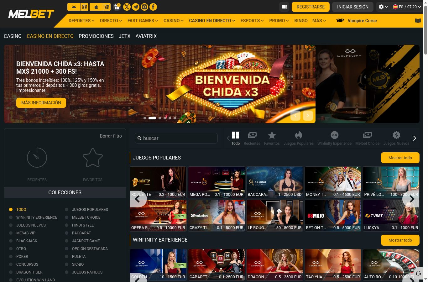 Sección de casino de Melbet vista desde México (agosto 2026)