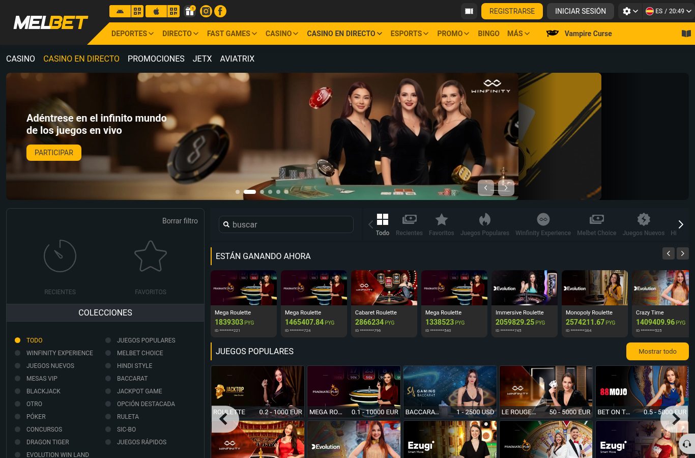 Sección de casino de MelBet con juegos en vivo, colecciones y proveedores, vista desde Paraguay