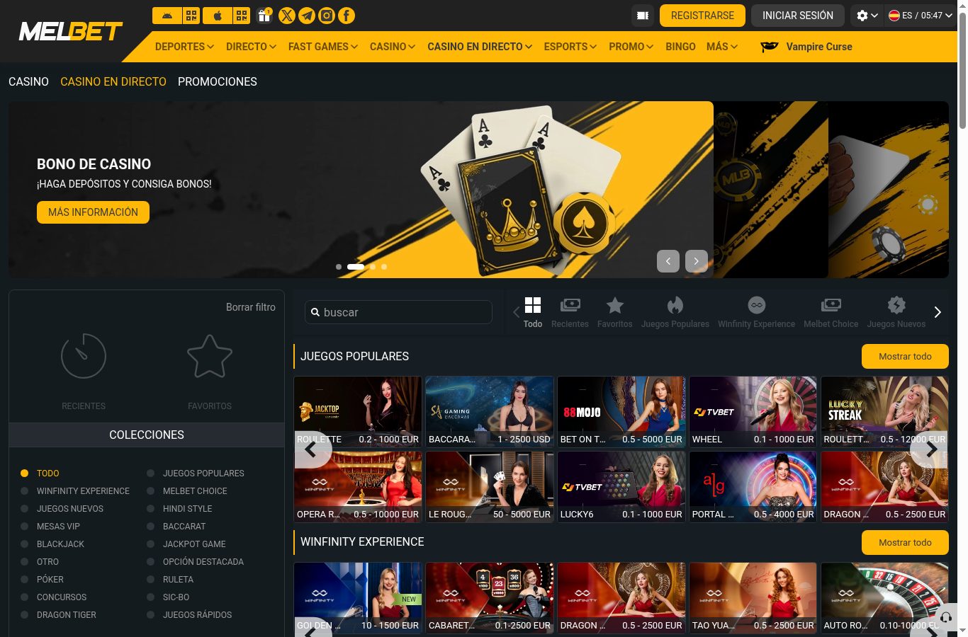 Sección de casino de MelBet vista desde Perú (agosto 2026)