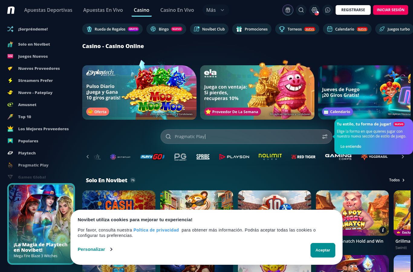 Sección de casino de Novibet vista desde Chile (agosto 2026)