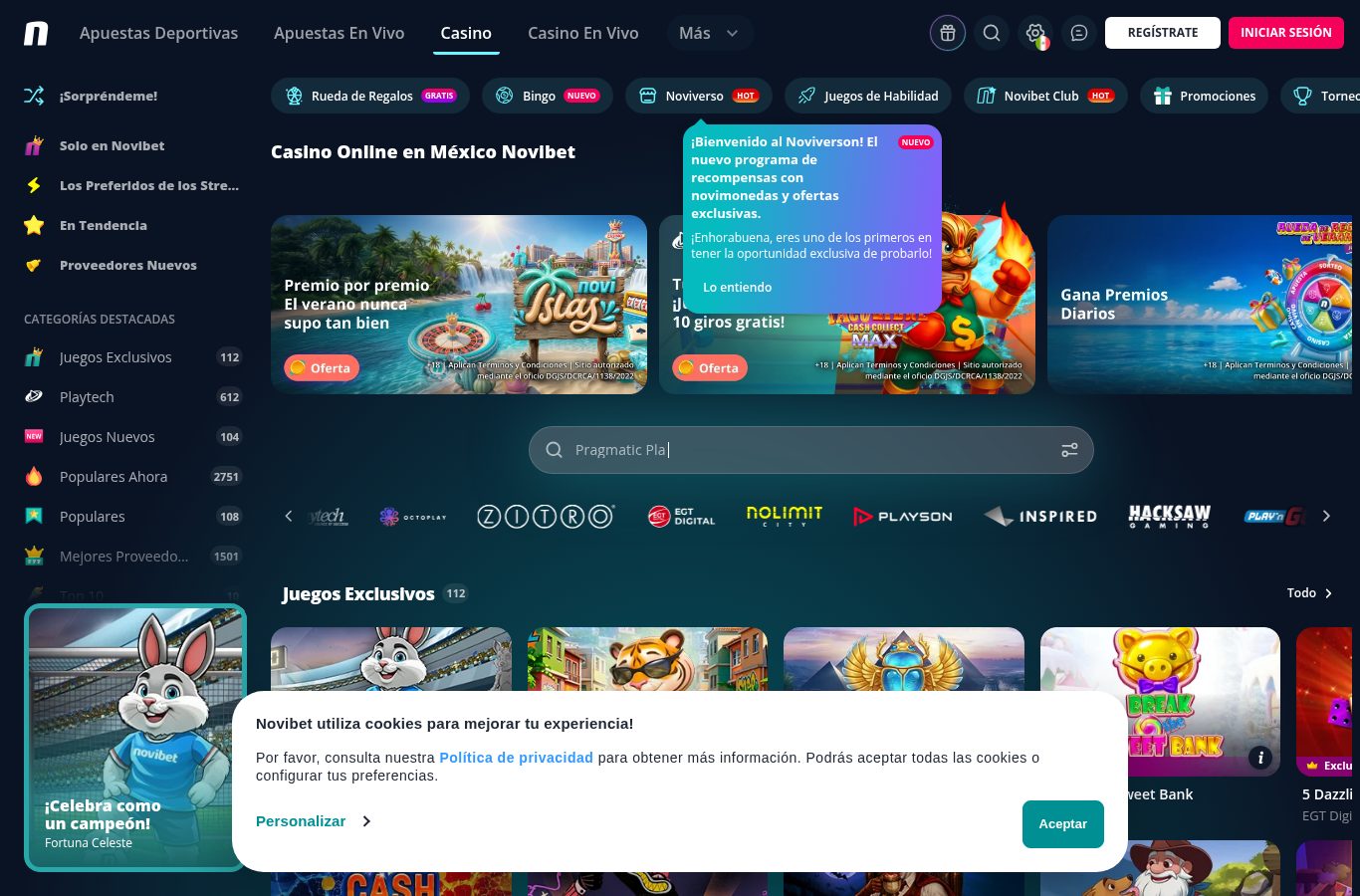 Sección de casino de Novibet vista desde México (agosto 2026)