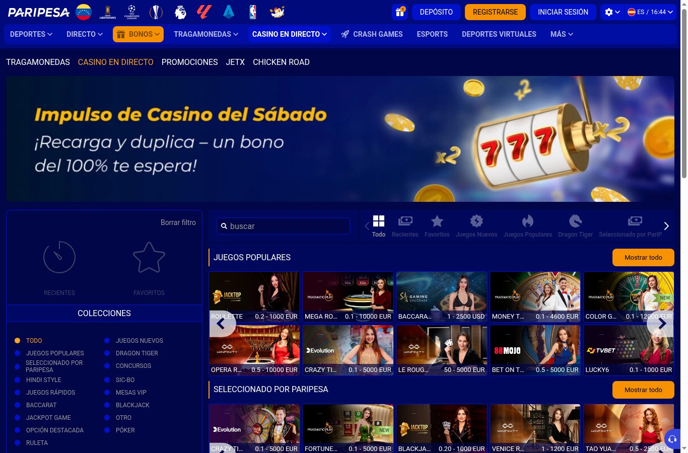 Sección de casino de Paripesa vista desde Venezuela (agosto 2026)