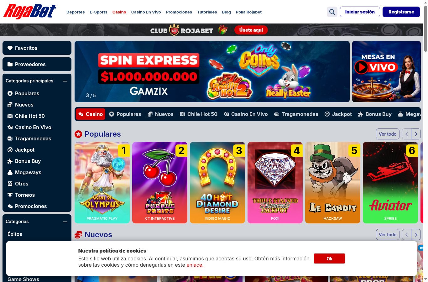 Sección de casino de RojaBet vista desde Chile (agosto 2026)