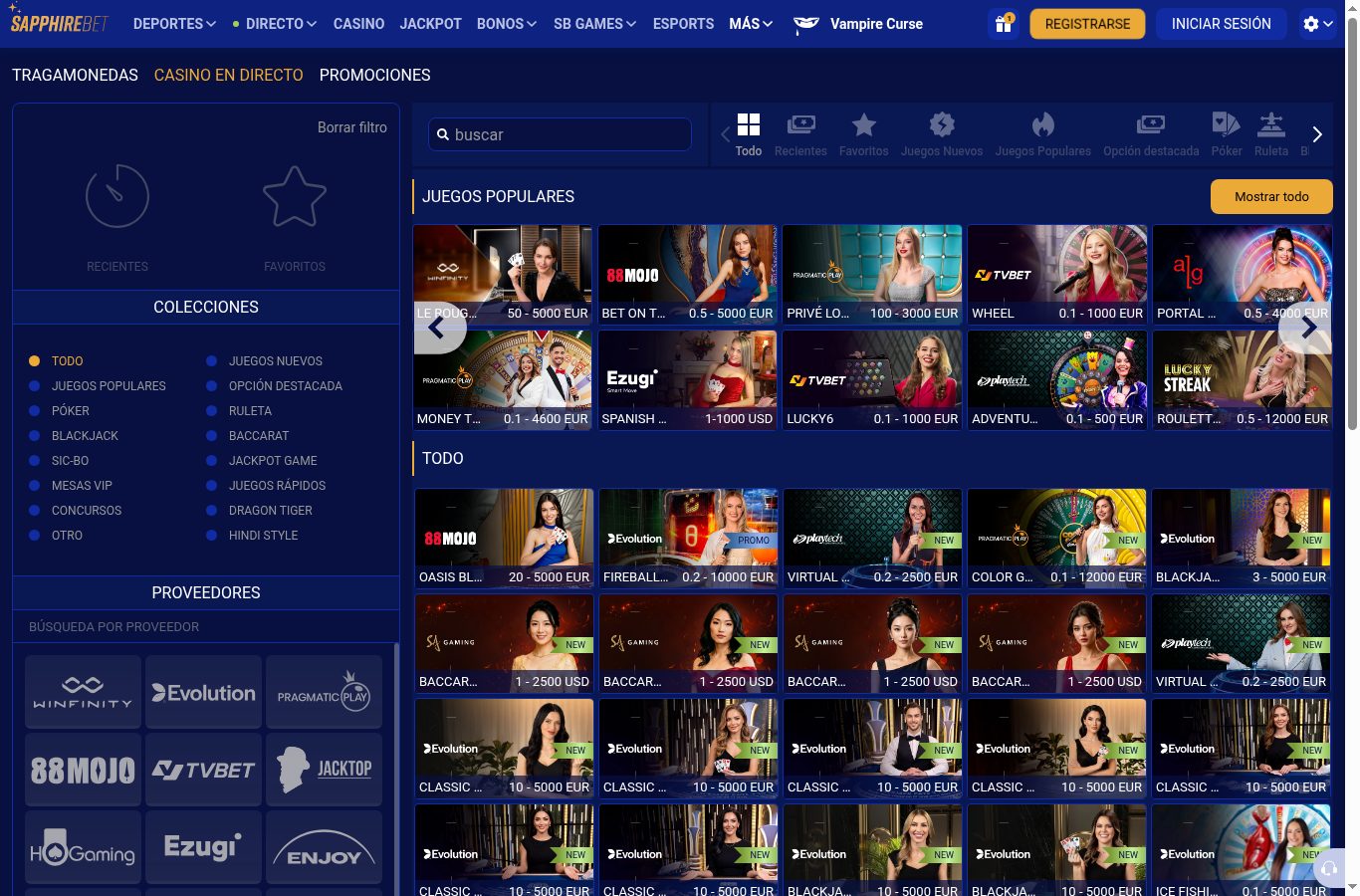 Sección de casino de SapphireBet vista desde Chile (agosto 2026)