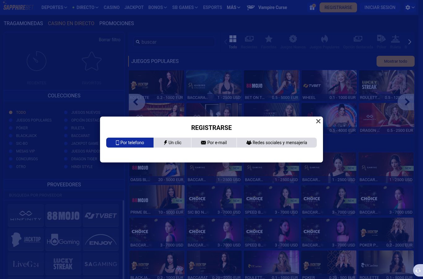 Sección de casino de SapphireBet vista desde Perú (agosto 2026)