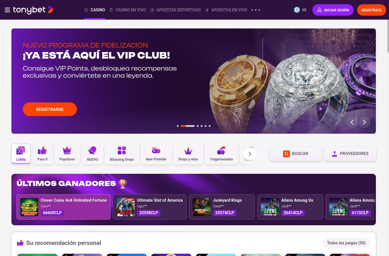 Sección de casino de TonyBet vista desde Chile (agosto 2026)